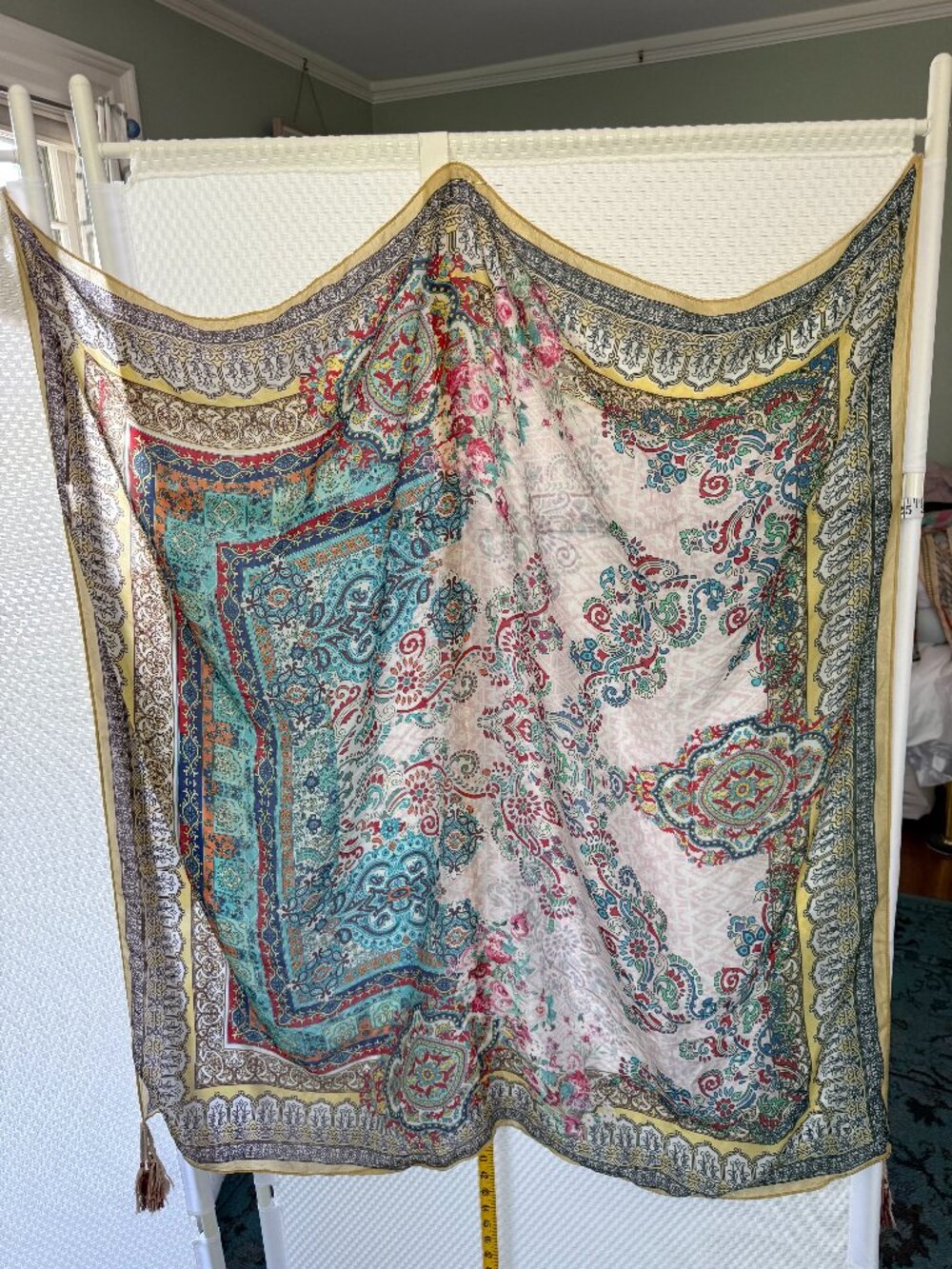 JOHNNY WAS SILK SCARF TASSELS 42" SQUARE